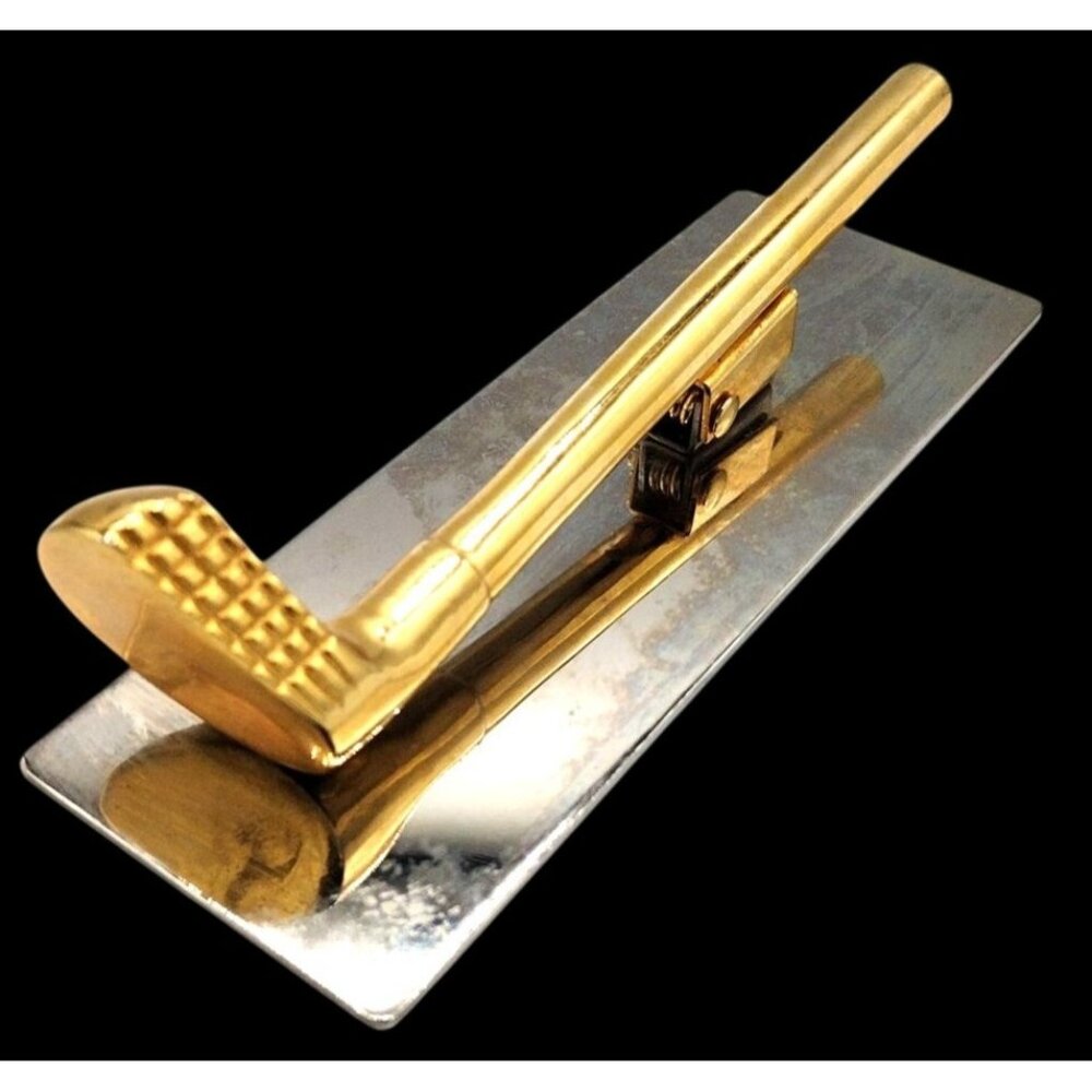 Golf Club Paper Holder 1970s Brass Clip Document Vintage Novelty Office Gift